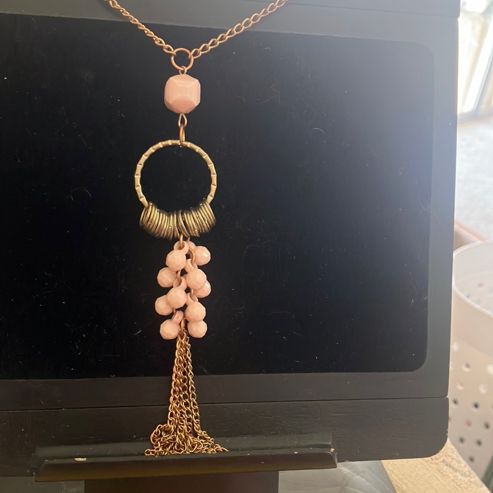 Elegant vintage Pink and Gold tone tassel Necklace